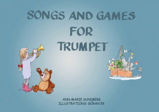 En flicka spelar trumpet bredvid en björn, med en båt och djur i bakgrunden. Texten