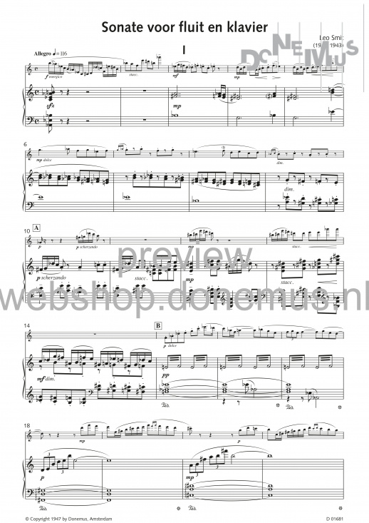 Leo Smit: Sonata för flöjt och piano, pianostämma (partitur)