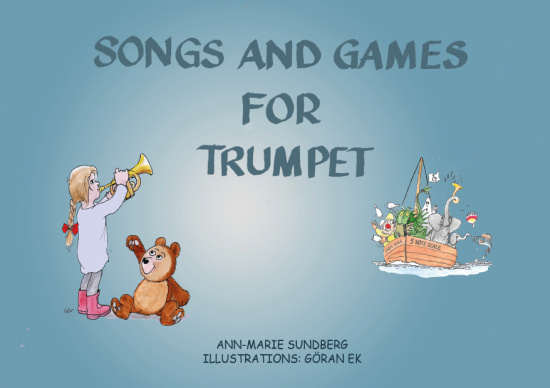 En flicka spelar trumpet bredvid en björn. En båt med olika djur seglar i bakgrunden.