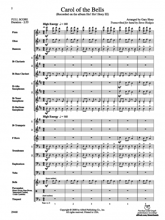  Carol of the Bells för Concert Band Partitur och stämmor