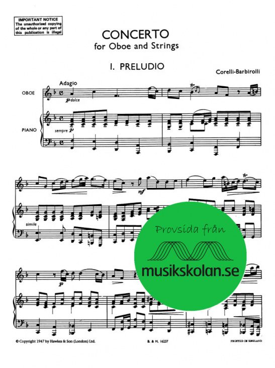 Corelli-Barbirolli: Concerto for oboe and strings (pianoutdrag)