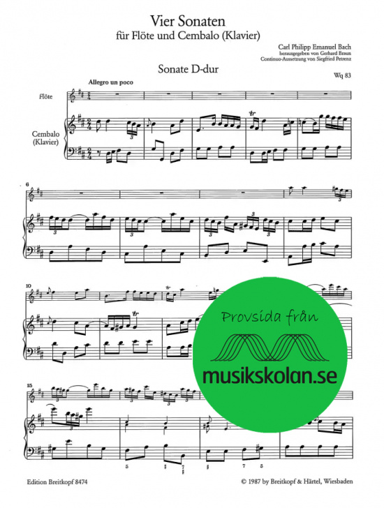 CPE Bach: Vier Sonaten für Flöte und Cembalo Wq 83-86 Heft I Vol I