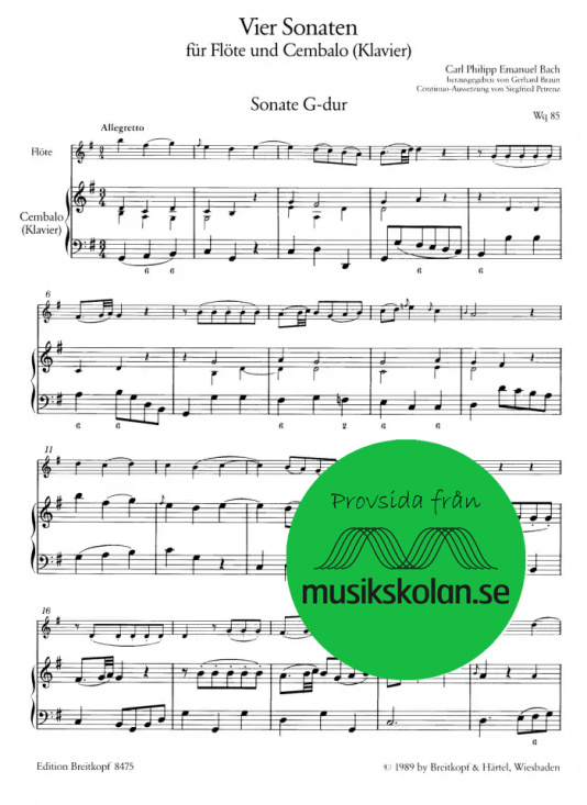 CPE Bach: Vier Sonaten für Flöte und Cembalo Wq 83-86 Heft II Vol II