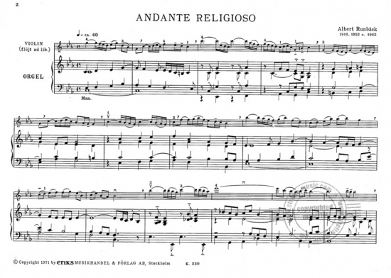 Runbäck: Andante Religioso för orgel och violin eller flöjt