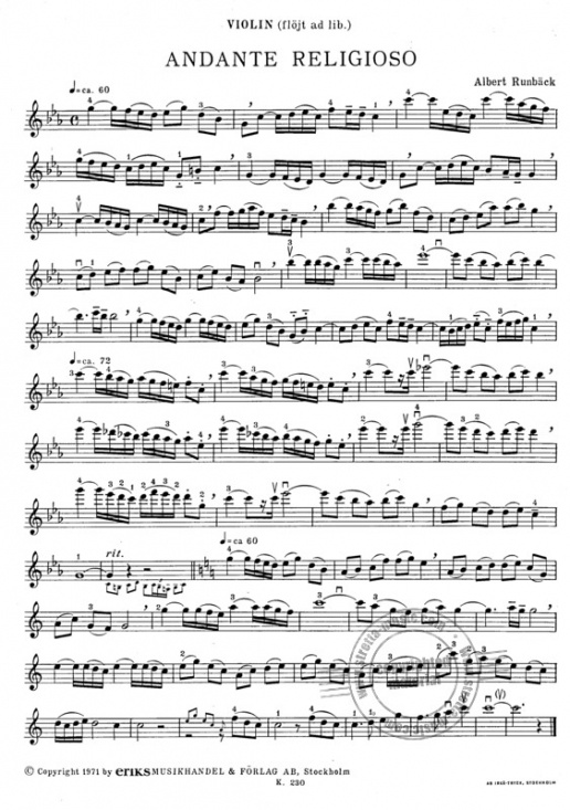 Runbäck: Andante Religioso för orgel och violin eller flöjt