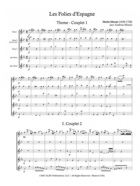 Marais: Les Folies d'Espagne for Flute Quintet