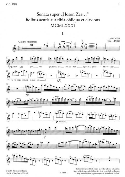 Jan Novák: Sonata super hozon zes (flöjt eller violin och piano)