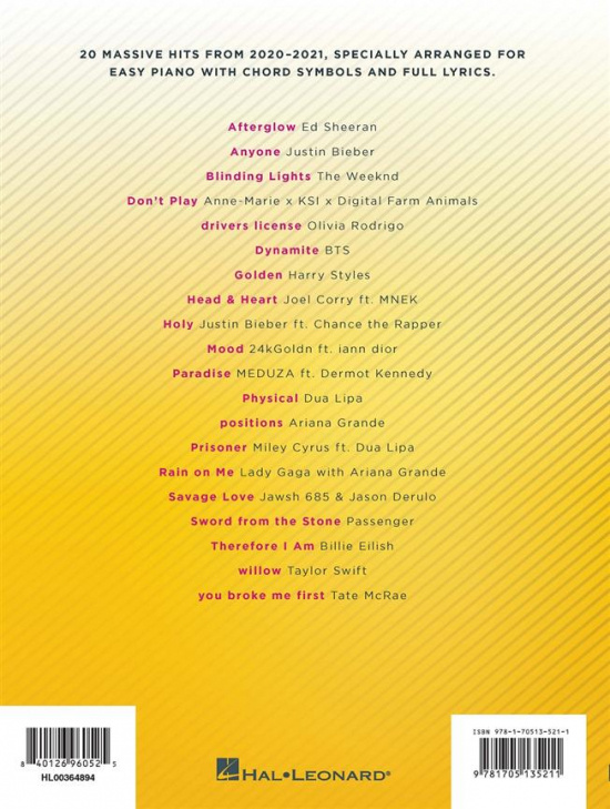 Chart Hits of 2020-2021 Easy Piano