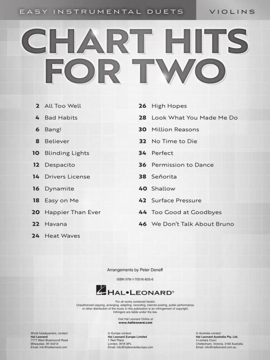 Chart Hits For Two Violins