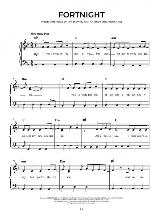 Chart hits of 2023-2024 Easy Piano