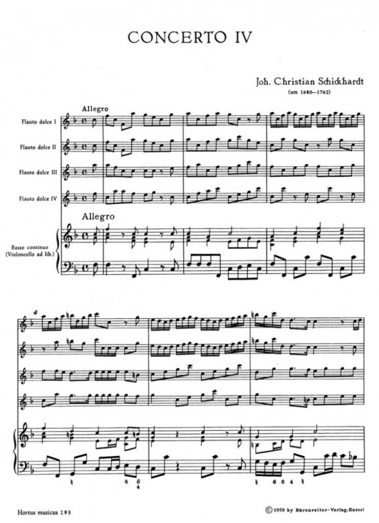 Schickhardt: Sechs Konzerte für 4 Altblockflöten und Basso continuo, band II