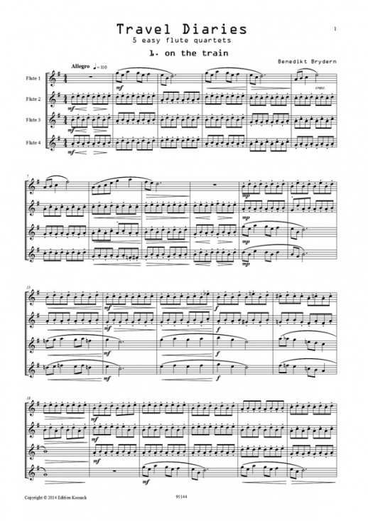 Bryden: Travel Diaries 5 easy pieces for flute quartet