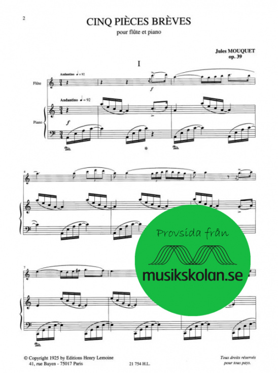 Mouquet: 5 pièces brèves opus 39 flöjt och piano