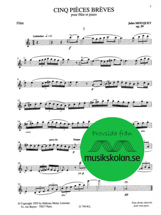Mouquet: 5 pièces brèves opus 39 flöjt och piano