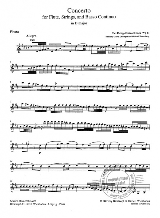 Bach CPE: Konsert D-dur Wq 13 partitur och stämmor