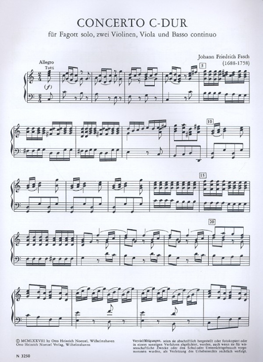 Fasch: Concerto C-Dur für Fagott, Streicher und Basso continuo fagott och piano