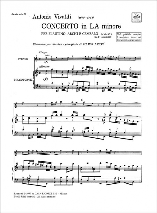 Vivaldi: Concerto in la minore per flautino Rv 445