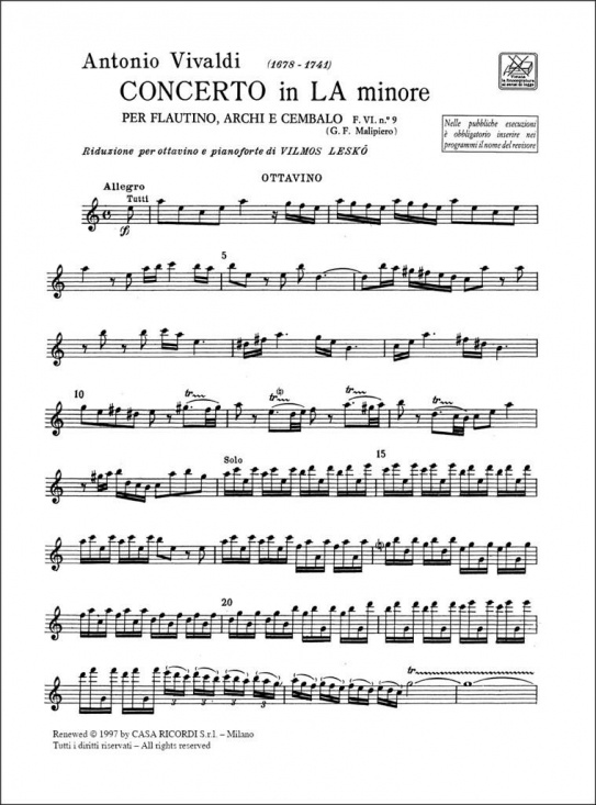 Vivaldi: Concerto in la minore per flautino Rv 445