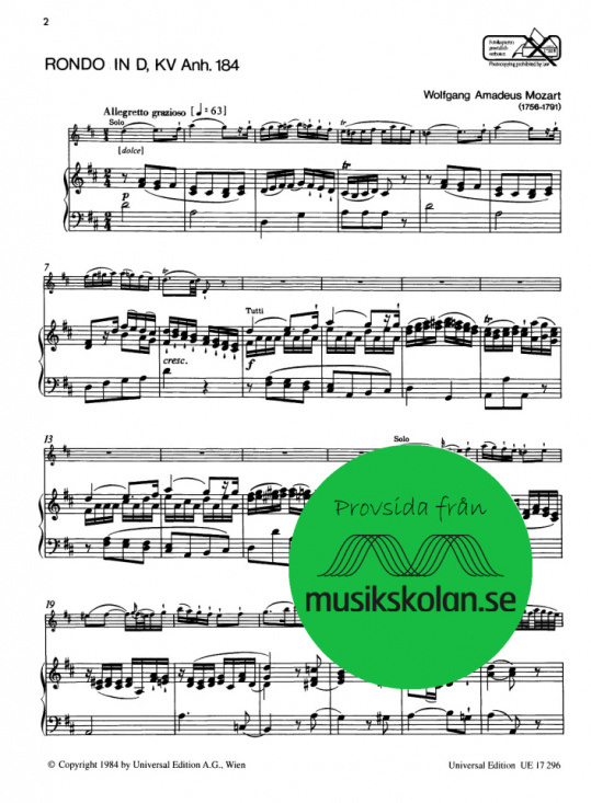 Mozart: Rondo D-dur KV 184 flöjt och piano