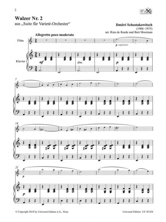 Shostakovich: Vals nr 2 ur Suite für Varieté-Orchester flöjt och piano