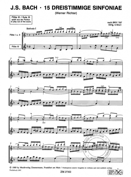 Bach: 15 dreistimmige Sinfoniae BWV 787-801 für drei Flöten
