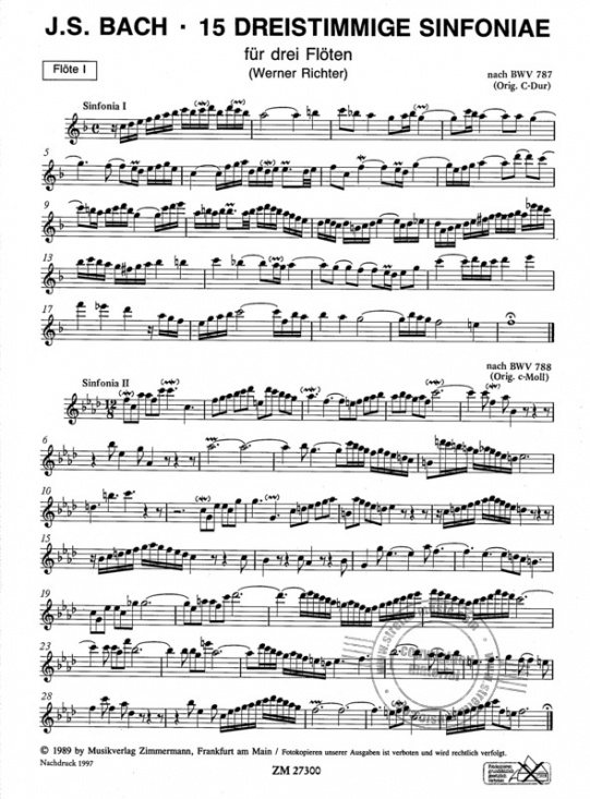 Bach: 15 dreistimmige Sinfoniae BWV 787-801 für drei Flöten